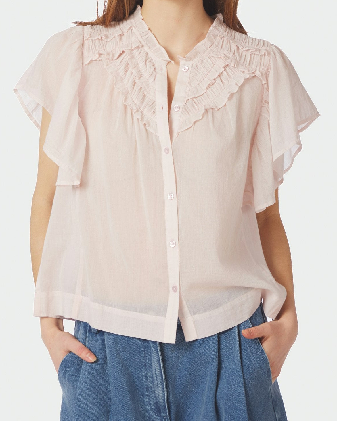 Vinsa Voile Top Light Pink fra Neo Noir, fin flæsedetaljeret bluse